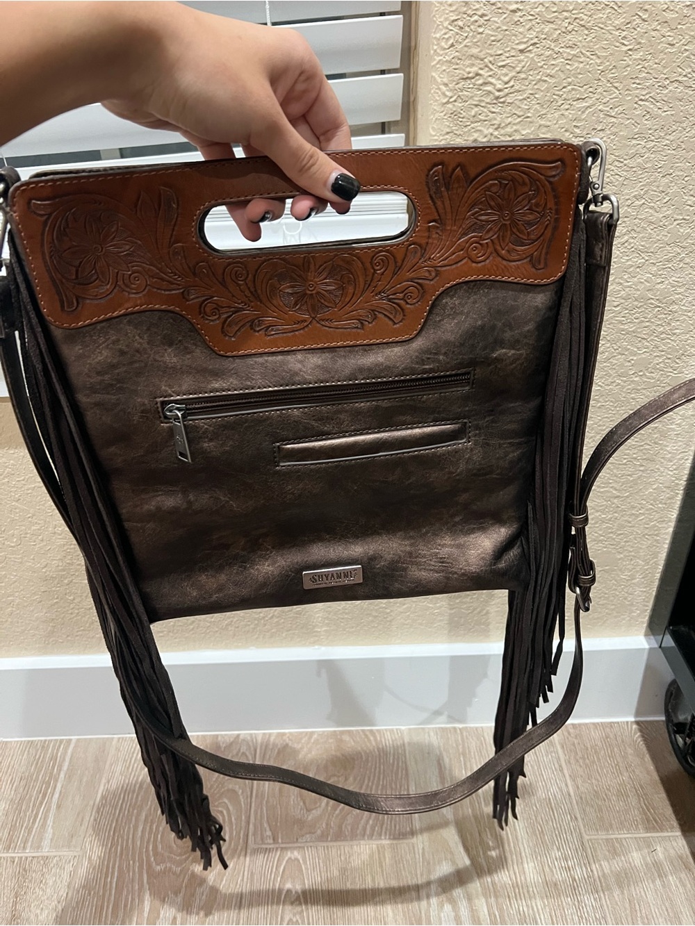 Hand-Tooled Brown and Tan Fringe Crossbody Tote - Picture 2 of 3